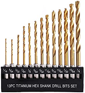 COMOWARE Titanium Twist Drill Bit Set - 13 Pcs Hex Shank High Speed Steel for Wood Plastic Aluminum Alloy, Quick Change, 1/16