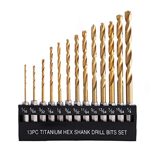 COMOWARE Titanium Twist Drill Bit Set - 13 Pcs Hex Shank High Speed Steel for Wood Plastic Aluminum Alloy, Quick Change, 1/16