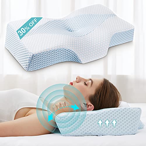 Cervical Pillows for Neck Pain Relief, Memory Foam Pillow for Sleeping, Orthopedic Neck Support Pillow for Side, Back, Stomach Sleeper with Breathable, Washable Cover- Lady Size [US Patent Design]