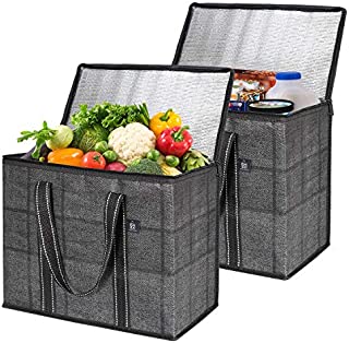 2 Pack Insulated Reusable Grocery Bag With Cardboard Bottom by VENO, Durable, Heavy Duty, Large Size, Stands Upright, Collapsible, Sturdy Zipper, Recycled Material, Eco-Friendly (Black/Windowpane)