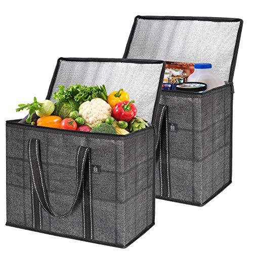 2 Pack Insulated Reusable Grocery Bag With Cardboard Bottom by VENO, Durable, Heavy Duty, Large Size, Stands Upright, Collapsible, Sturdy Zipper, Recycled Material, Eco-Friendly (Black/Windowpane)