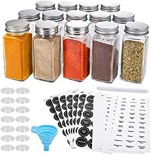 Aozita 14 Pcs Glass Spice Jars with Spice Labels - 4oz Empty Square Spice Bottles - Shaker Lids and Airtight Metal Caps - Chalk Marker and Silicone Collapsible Funnel Included