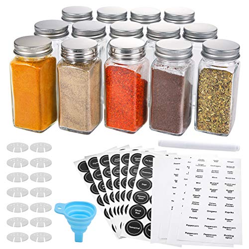 Aozita 14 Pcs Glass Spice Jars with Spice Labels - 4oz Empty Square Spice Bottles - Shaker Lids and Airtight Metal Caps - Chalk Marker and Silicone Collapsible Funnel Included