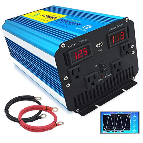 Yinleader 2000w 4000w(Peak) Pure Sine Wave Power Inverter DC 12V to 110V AC Converter with Dual LED Display 4 AC Outlets 1 USB Port for Car RV Caravan Truck Travel Camping, Laptop-Blue (2000w)