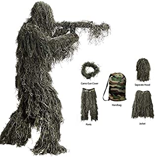 Ghillie Suit, 3D Camouflage Hunting Apparel 5-Piece Including Jacket, Pants, Hood, Rifle Wrap, Bag, Camouflage Camo Tactical Hunting Forest Woodland Ghillie Suit for Jungle Hunting, Shooting, Airsoft