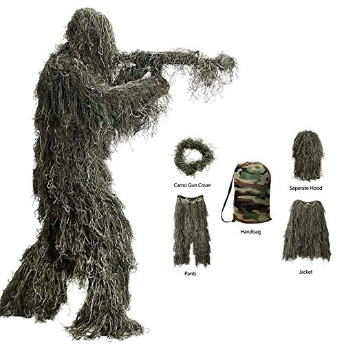 Ghillie Suit, 3D Camouflage Hunting Apparel 5-Piece Including Jacket, Pants, Hood, Rifle Wrap, Bag, Camouflage Camo Tactical Hunting Forest Woodland Ghillie Suit for Jungle Hunting, Shooting, Airsoft