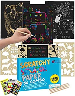 Purple Ladybug Scratch Paper Art Set for Kids - 36 Full Sized Sheets with 3 Unique Colors: Rainbow, Gold, Silver + Stencils - Great Gift for Boys, Girls & Teens - for Fun DIY Arts & Crafts Activities