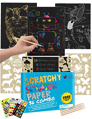 Purple Ladybug Scratch Paper Art Set for Kids - 36 Full Sized Sheets with 3 Unique Colors: Rainbow, Gold, Silver + Stencils - Great Gift for Boys, Girls & Teens - for Fun DIY Arts & Crafts Activities