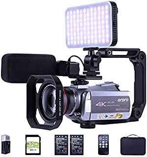 4K 30fps Video Camera Camcorder ORDRO Ultra HD Vlog Camera IR Night Vision Recorder WiFi Digital Camcorders with Mic Led Light Wide-Angle Lens Handheld Holder Carrying Case 2 Batteries 32G SD Card