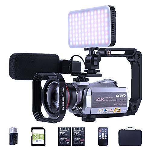 4K 30fps Video Camera Camcorder ORDRO Ultra HD Vlog Camera IR Night Vision Recorder WiFi Digital Camcorders with Mic Led Light Wide-Angle Lens Handheld Holder Carrying Case 2 Batteries 32G SD Card