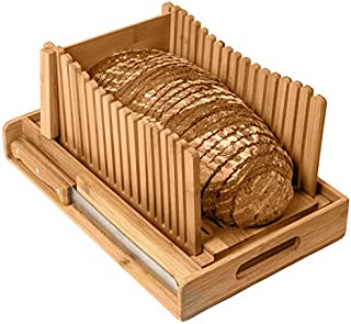 Kitchen Seven Bamboo Bread Slicer with Crumb Tray Bamboo Bread Cutter for Homemade Bread, Loaf Cakes, Bagels Slicer, 3 Slice Sizes, Adjustable, Compact, Foldable