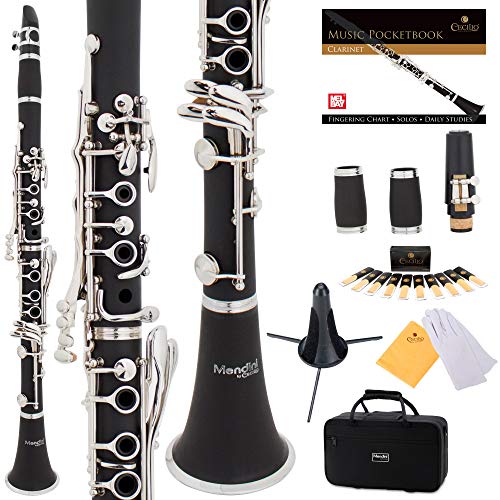 Mendini by Cecilio B Flat Beginner Student Clarinet with 2 Barrels, Case, Stand, Book, 10 Reeds, Mouthpiece and Warranty (Ebonite)