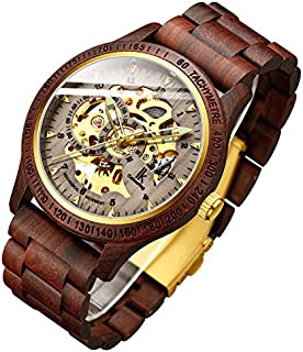 Men's Watches Luxury Mechanical Wooden Case Skeleton Luminous Automatic Self-Winding Lightweight Genuine Leather Bracelet/Wood Band Wrist Watch