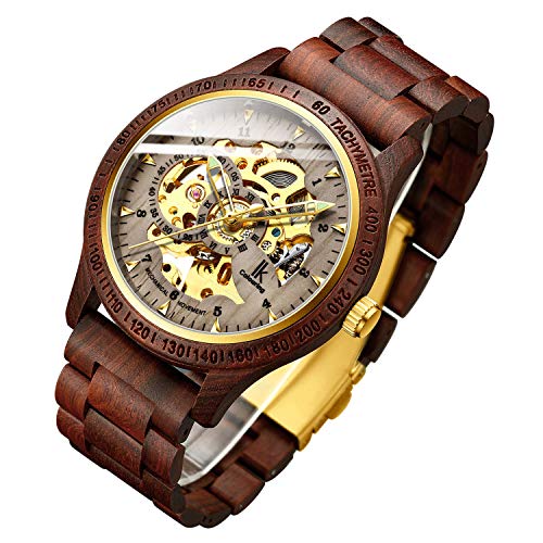 Men's Watches Luxury Mechanical Wooden Case Skeleton Luminous Automatic Self-Winding Lightweight Genuine Leather Bracelet/Wood Band Wrist Watch