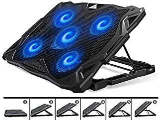 PCCOOLER Laptop Cooling Pad, Portable Laptop Stand with 6 Angle Adjustable & 5 Quiet Blue LED Fans for 12-17.3 Inch Gaming Laptop, Laptop Cooler Built-in Dual USB Ports Support Mouse, Keyboard Device