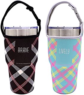 Tumbler Carrier Holder Pouch For All 30oz Stainless Steel Travel Insulated Coffee Mug, IHUIXINHE 2 Pack Neoprene Black Sleeve Accessories with Carrying Handle, Light Hand Free Bag (Black&Blue Plaid)