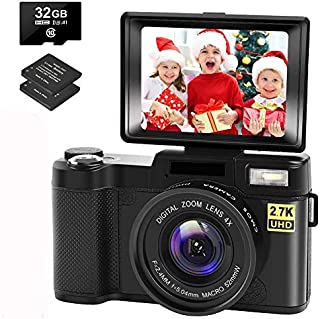 Digital Camera Vlogging Camera with YouTube 30MP Full HD 2.7K Vlog Camera with Flip Screen 180° Rotation with 32GB Memory Card and 2 Batteries