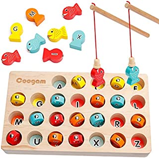 Coogam Wooden Magnetic Fishing Game, Fine Motor Skill Toy ABC Alphabet Color Sorting Puzzle, Montessori Letters Cognition Preschool Gift for Years Old Toddler Kid Early Learning with 2 Pole