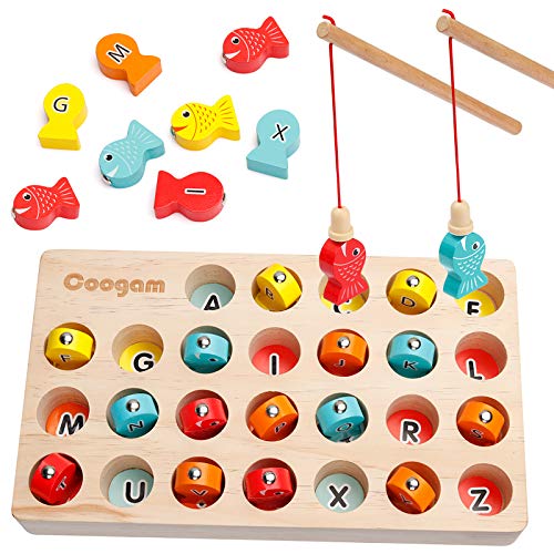 Coogam Wooden Magnetic Fishing Game, Fine Motor Skill Toy ABC Alphabet Color Sorting Puzzle, Montessori Letters Cognition Preschool Gift for Years Old Toddler Kid Early Learning with 2 Pole