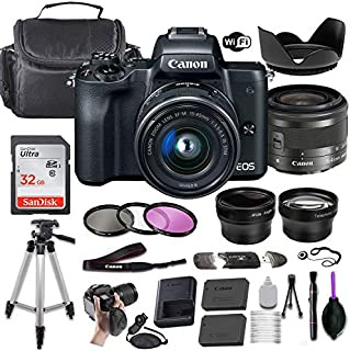 Canon EOS M50 Mirrorless Digital Camera (Black) w/EF-M 15-45mm f/3.5-6.3 is STM + Wide-Angle and Telephoto Lenses + Portable Tripod + Memory Card + Deluxe Accessory Bundle