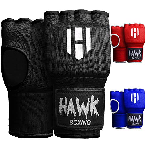 Hawk Padded Inner Gloves Training Gel Hand Wraps for Boxing Quick Wraps Men & Women Kickboxing Muay Thai MMA Bandages Fist Knuckle Wrist Protector Handwraps (Pair) (Black, L/XL)