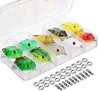 DONQL Topwater Frog Lures, Artificial Frog Fishing Lure Kit with Tackle Box for Bass Dogfish Musky Snakehead Pike Trout (Multicolors) (10 Frog Lures with Sequins)