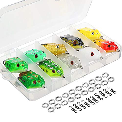 DONQL Topwater Frog Lures, Artificial Frog Fishing Lure Kit with Tackle Box for Bass Dogfish Musky Snakehead Pike Trout (Multicolors) (10 Frog Lures with Sequins)