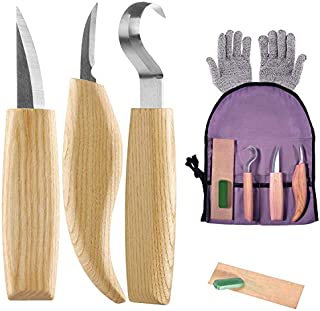 Wood Carving Tools Set - 6Pcs Wood Carving Kit Tools with Hook Carving Knife+Whittling Knife+Detail Carving Knife+Polishing Wax+Sharpening Leather+Cut Resistant Gloves+Canvas Bag for Beginners