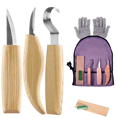 Wood Carving Tools Set - 6Pcs Wood Carving Kit Tools with Hook Carving Knife+Whittling Knife+Detail Carving Knife+Polishing Wax+Sharpening Leather+Cut Resistant Gloves+Canvas Bag for Beginners