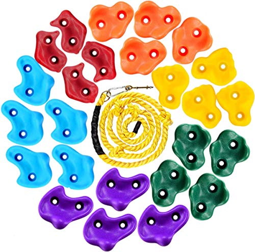 LEMOONE DIY 25Pcs Rock Climbing Holds for Kids with 8.53Ft Knotted Rope, Climbing Rock Wall Grips for Indoor and Outdoor Play Set - Rock Climbing Holds Set with Mounting Hardware