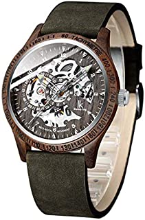 Mens Wooden Watches, Automatic Mechanical Wood Wrist Watch, Luxury Skeleton Wood Watches for Men with Genuine Leather Bracelet - Green