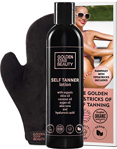 Self Tanner with Tanning Mitt - Sunless Tanning Lotion with Organic Oils Gradual Body Bronzer for Light or Medium Tan 8.0 fl.oz 