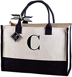 Mud Pie Classic Black and White Initial Canvas Tote Bags (C), 100% Cotton, 17