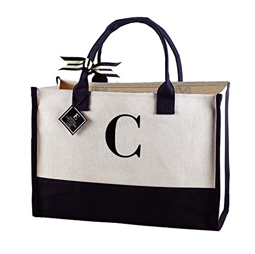 Mud Pie Classic Black and White Initial Canvas Tote Bags (C), 100% Cotton, 17