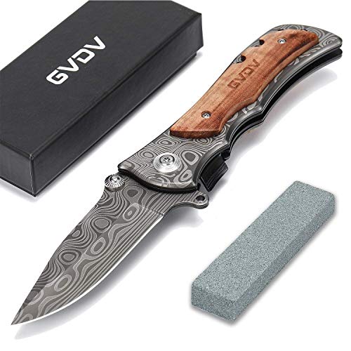 GVDV Pocket Folding Knife with 7Cr17 Stainless Steel, Tactical Knife for Camping Hunting Hiking, with Titanium Coated Blade + Safety Liner-Lock + Belt Clip, Wooden Handle
