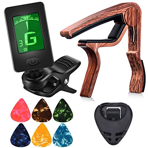 Guitar Capo Tuner Fit for Ukulele, Violin, Electric, Bass, Acoustic Guitar with Picks and Pick Holder