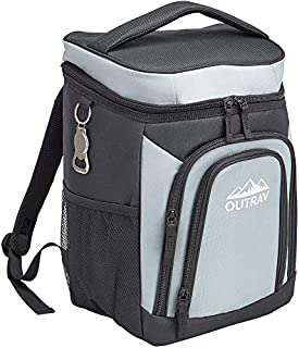 Outrav Grey Backpack Cooler Bag with Bottle Opener  Fully Insulated Thermal 16 Can Tote - Padded Back and Shoulder Strap - Front Zipper and Mesh Water Bottle Pockets