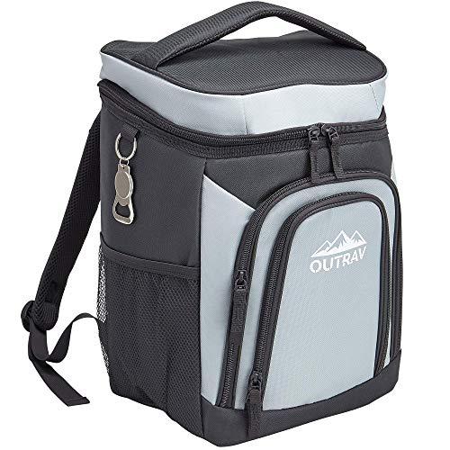 Outrav Grey Backpack Cooler Bag with Bottle Opener  Fully Insulated Thermal 16 Can Tote - Padded Back and Shoulder Strap - Front Zipper and Mesh Water Bottle Pockets