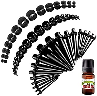 BodyJ4You 50PC Gauges Kit Ear Stretch Aftercare Jojoba Oil Wax 14G-12MM Black Tunnel Plug Taper Set