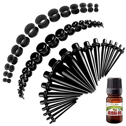 BodyJ4You 50PC Gauges Kit Ear Stretch Aftercare Jojoba Oil Wax 14G-12MM Black Tunnel Plug Taper Set