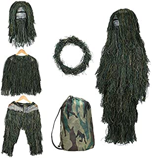 SHINYEVER 5 in 1 Ghillie Suit  3D Camouflage Hunting Apparel Including Jacket, Pants, Hood, Rifle Wrap, Carry Bag Suitable for Unisex Adults/Kids/Youth (M/L/XL/XXL) (Grass, Child)