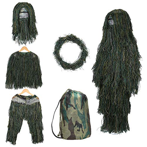 SHINYEVER 5 in 1 Ghillie Suit  3D Camouflage Hunting Apparel Including Jacket, Pants, Hood, Rifle Wrap, Carry Bag Suitable for Unisex Adults/Kids/Youth (M/L/XL/XXL) (Grass, Child)