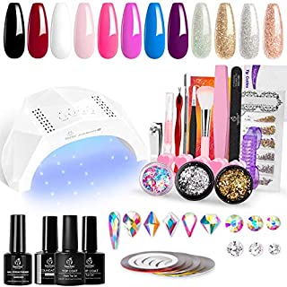 Beetles 12 Colors Home DIY Gel Nail Polish Starter Kit with U V Light 48W LED Nail Lamp Gel Base Top Coat Cure White Pink Red Gel Polish Glitter Powder Nail Art Rhinestone Gems Manicure Gifts for Women