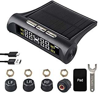 Car Tire Pressure Monitoring System - 6 Alarm Modes - Universal Wireless Smart Tire Safety Monitor with Solar and USB Charge, Include 4 External Cap Sensors, Real-Time Pressure & Temperature Alerts