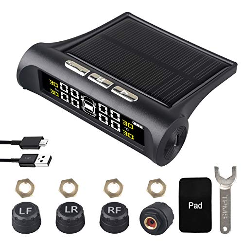 Car Tire Pressure Monitoring System - 6 Alarm Modes - Universal Wireless Smart Tire Safety Monitor with Solar and USB Charge, Include 4 External Cap Sensors, Real-Time Pressure & Temperature Alerts