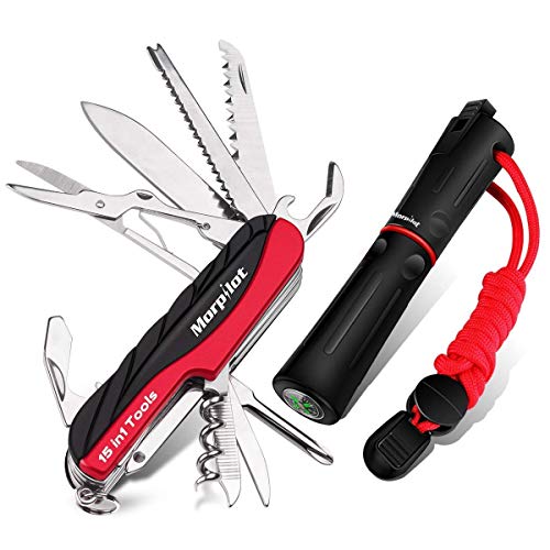 Multi Tool & Fire Starter Set, 15 in 1 Swiss Style Army Pocket Knife with Scissors | Magnesium Fire Starter with Compass & Whistle for EDC Camping, Outdoor Survival, Hiking, Fishing