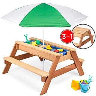 Best Choice Products Kids 3-in-1 Outdoor Wood Activity/Picnic Table w/ Umbrella and 2 Play Boxes