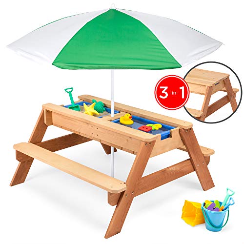 Best Choice Products Kids 3-in-1 Outdoor Wood Activity/Picnic Table w/ Umbrella and 2 Play Boxes