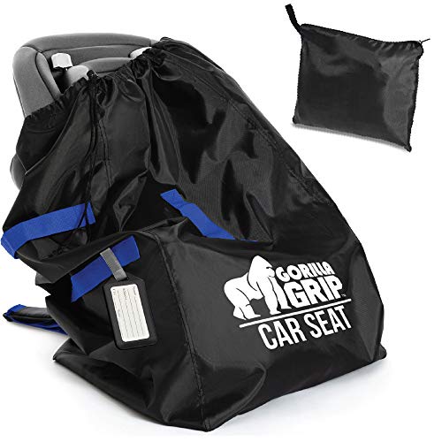 Gorilla Grip Car Seat Bag with Pouch and Luggage Tag, Adjustable Padded Backpack Straps, Many Colors, Easy Carry, Universal Size Travel Bags, Airport Flying with Baby, Airplane Gate Check, Blue Straps