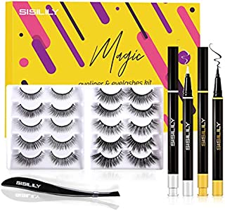 SISILILY Magnetic Eyelashes with Eyeliner, Glue Free Mink Non Magnetic Lashes Kits with 2 Liquid Eyeliner 10 Reusable Waterproof False Eyelashes and Eyelash Tweezers (10 Style) (10 Pair)